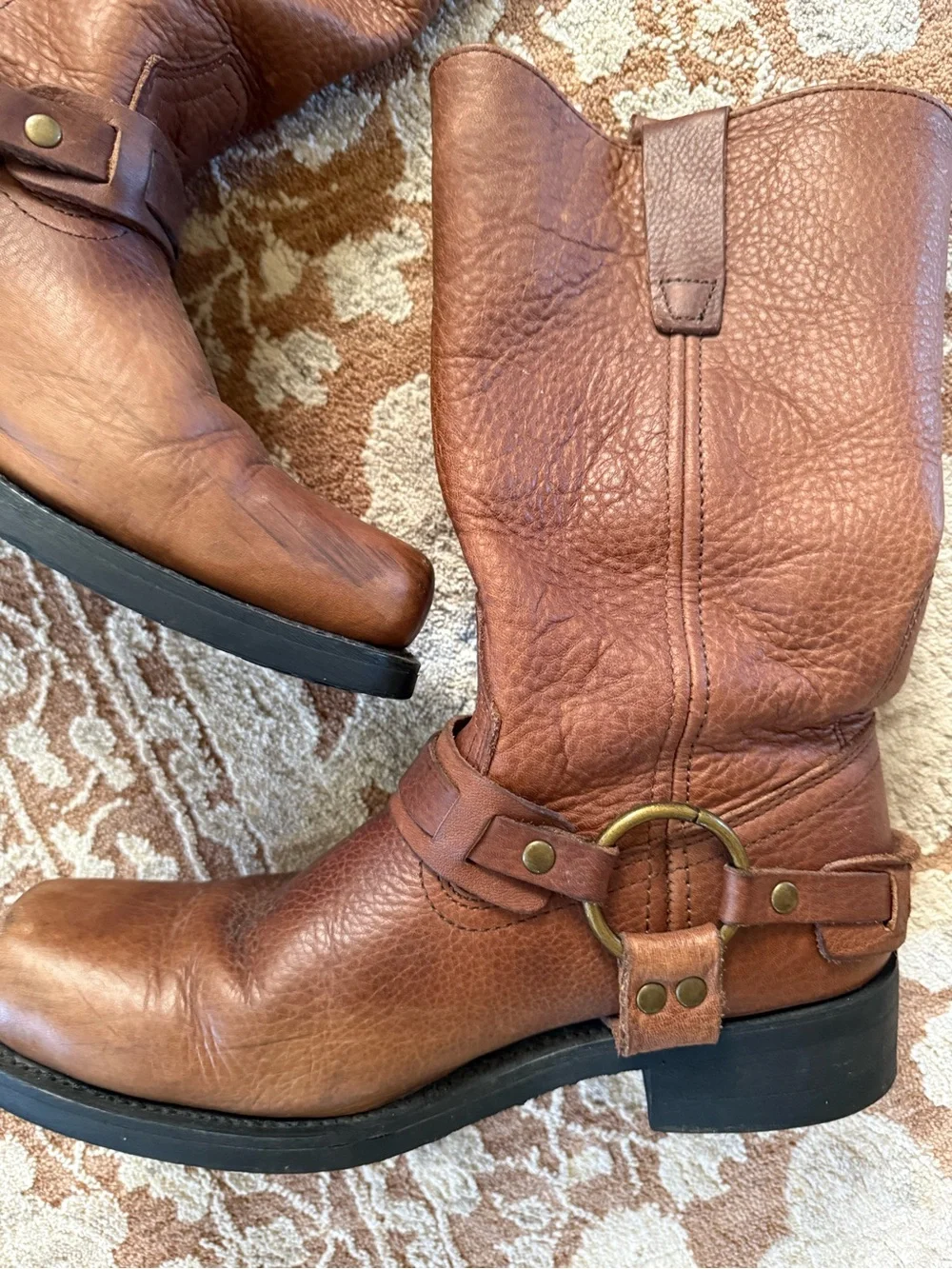 Brown Square toe leather harness boots sz 9.5